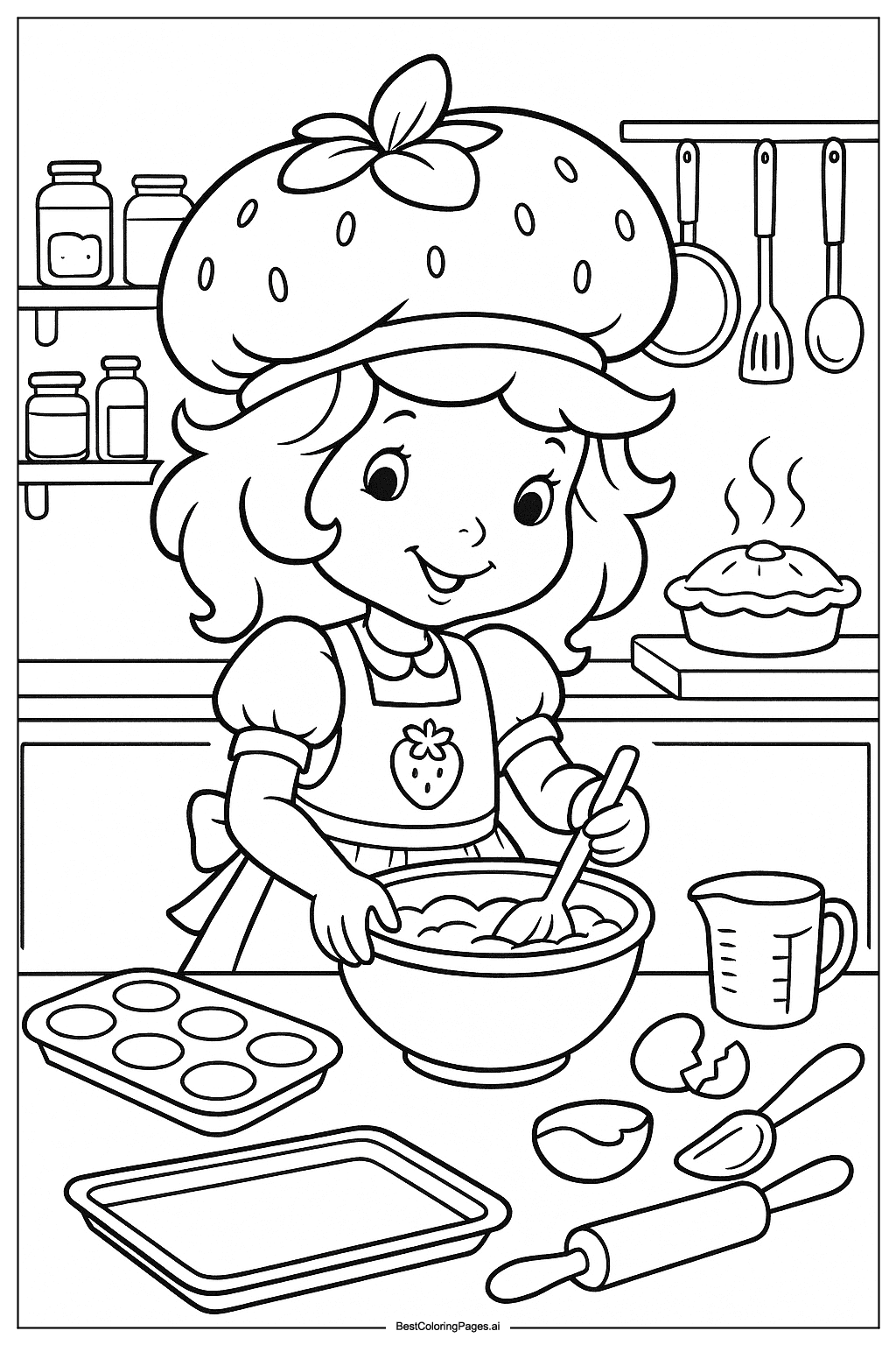 Strawberry Shortcake baking in kitchen Coloring Page