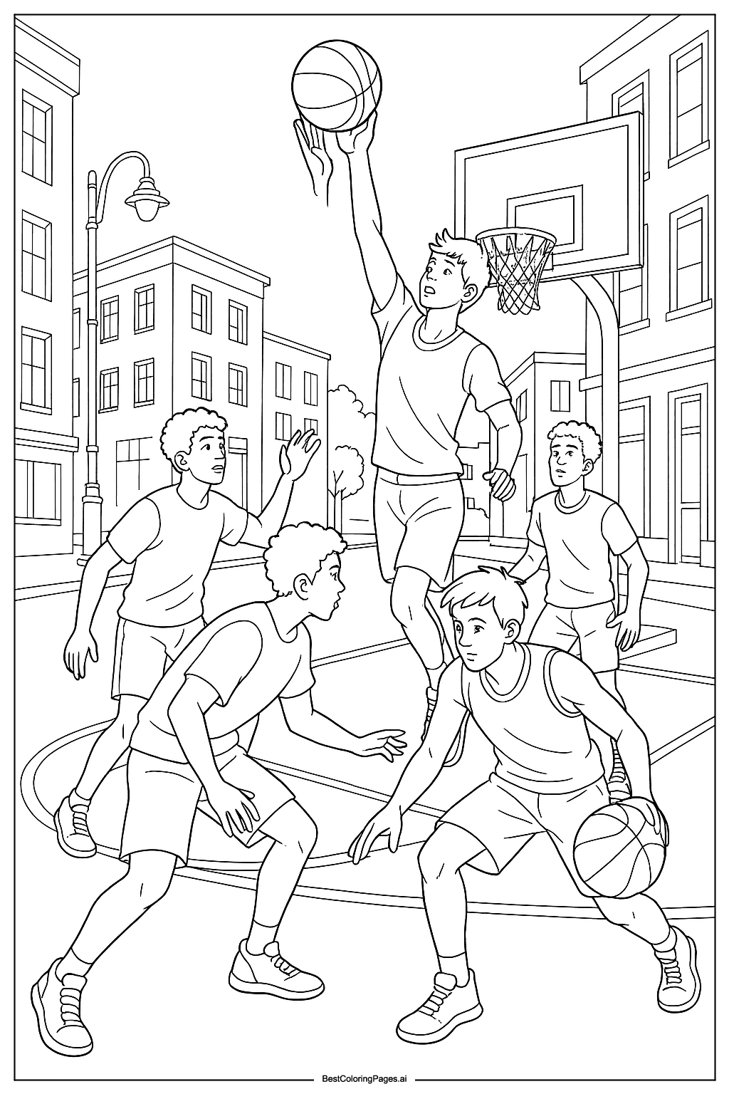 Street basketball game at sunset Coloring Page