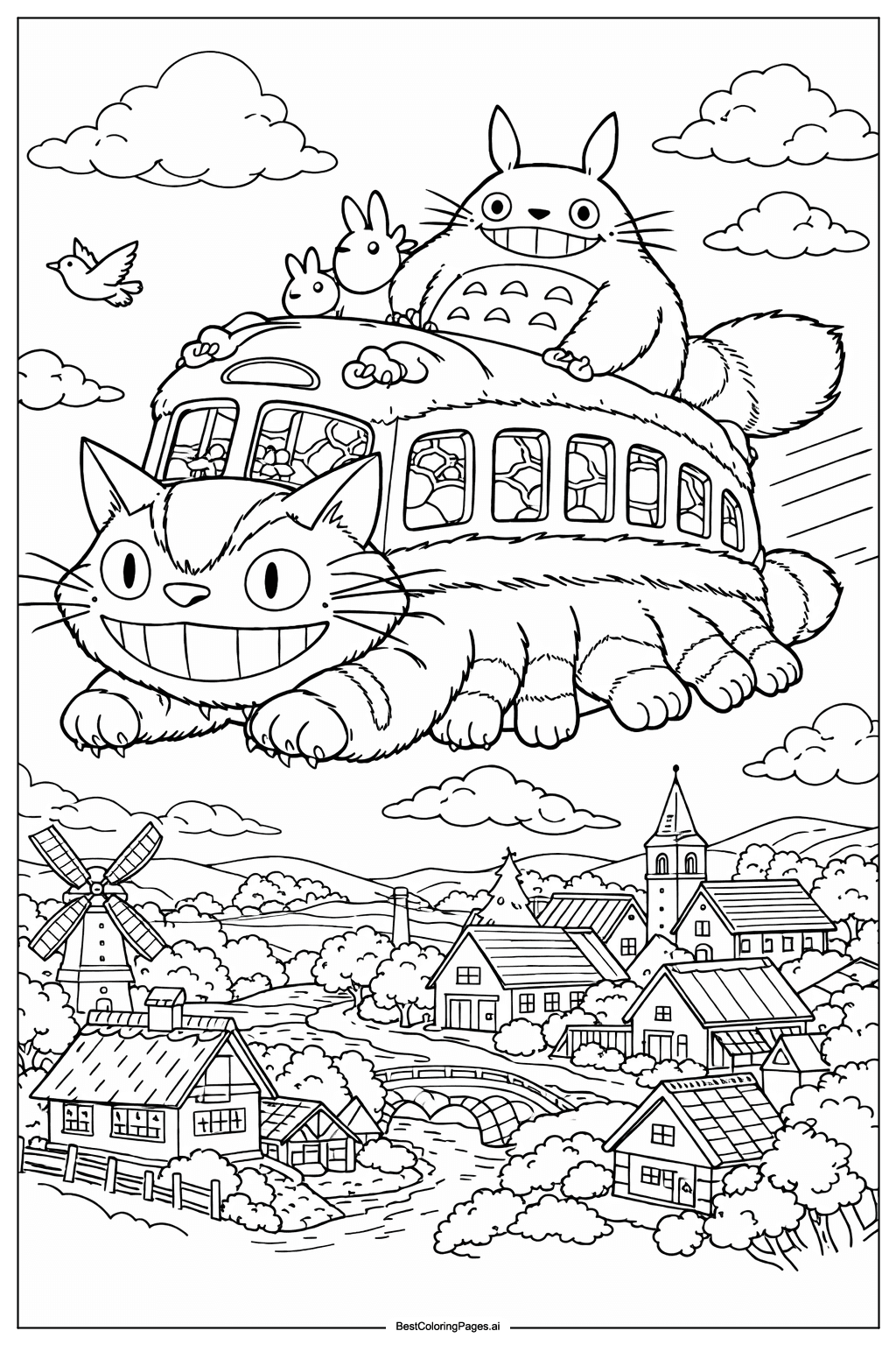 Totoro flying with Catbus