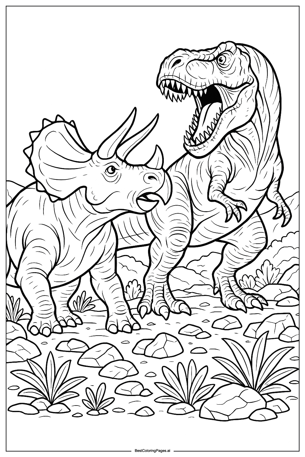 Triceratops facing T-Rex Coloring Page