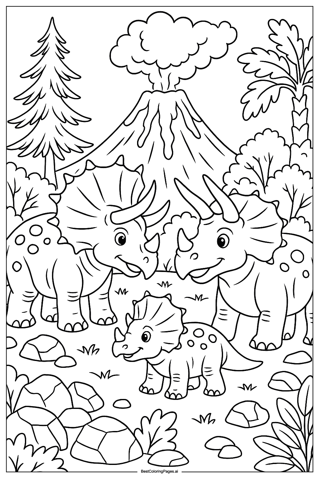 Triceratops family near volcano Coloring Page