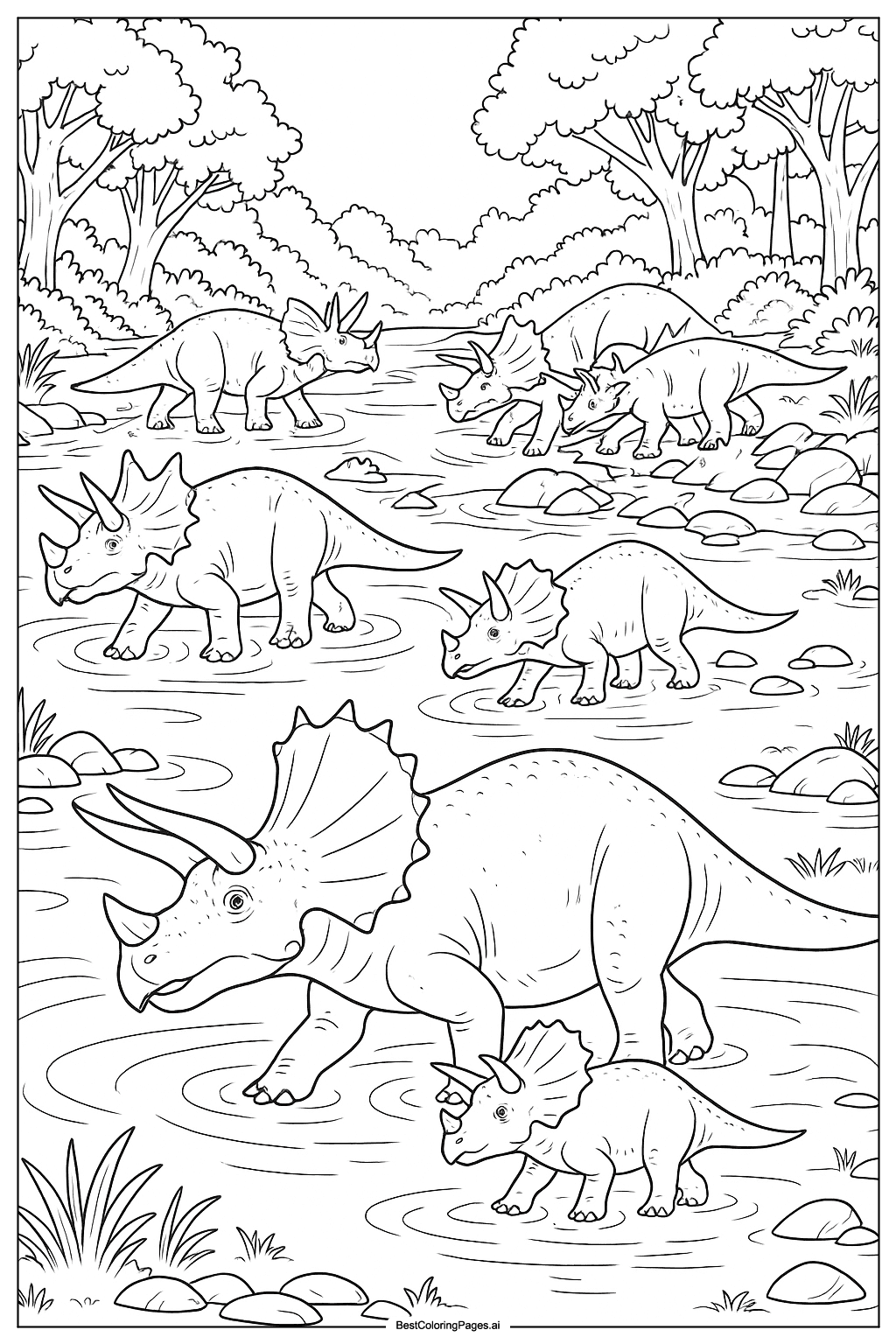 Triceratops herd crossing river Coloring Page