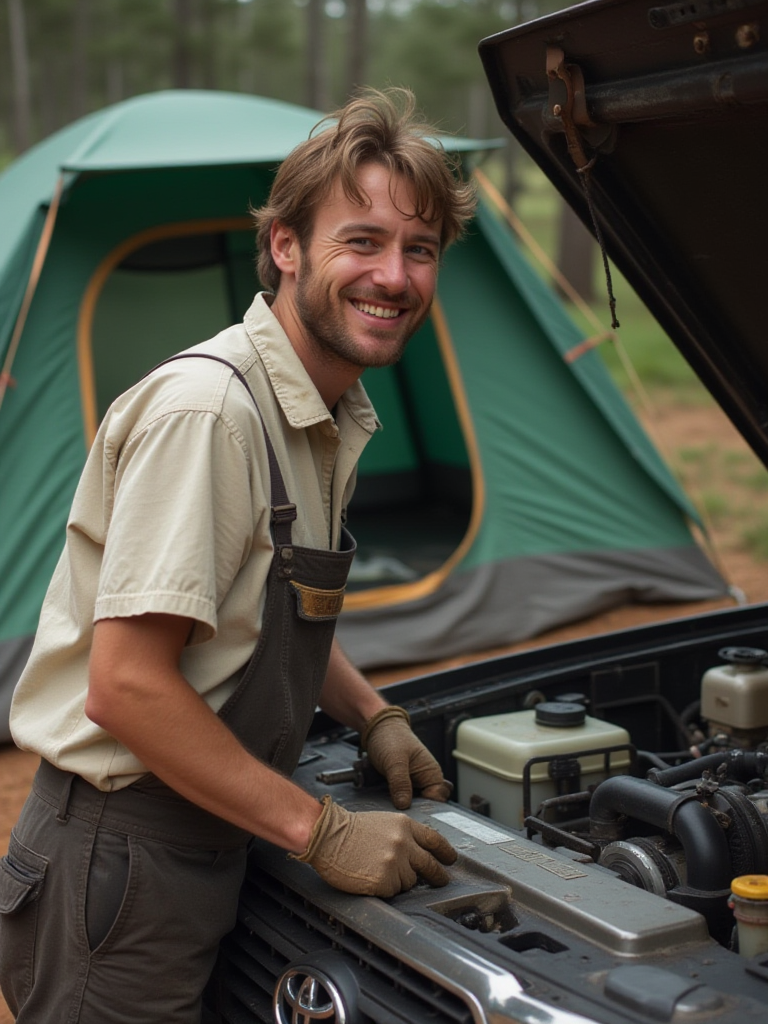 Off-road vehicle owner performing DIY maintenance on his engine, wearing mechanic overalls