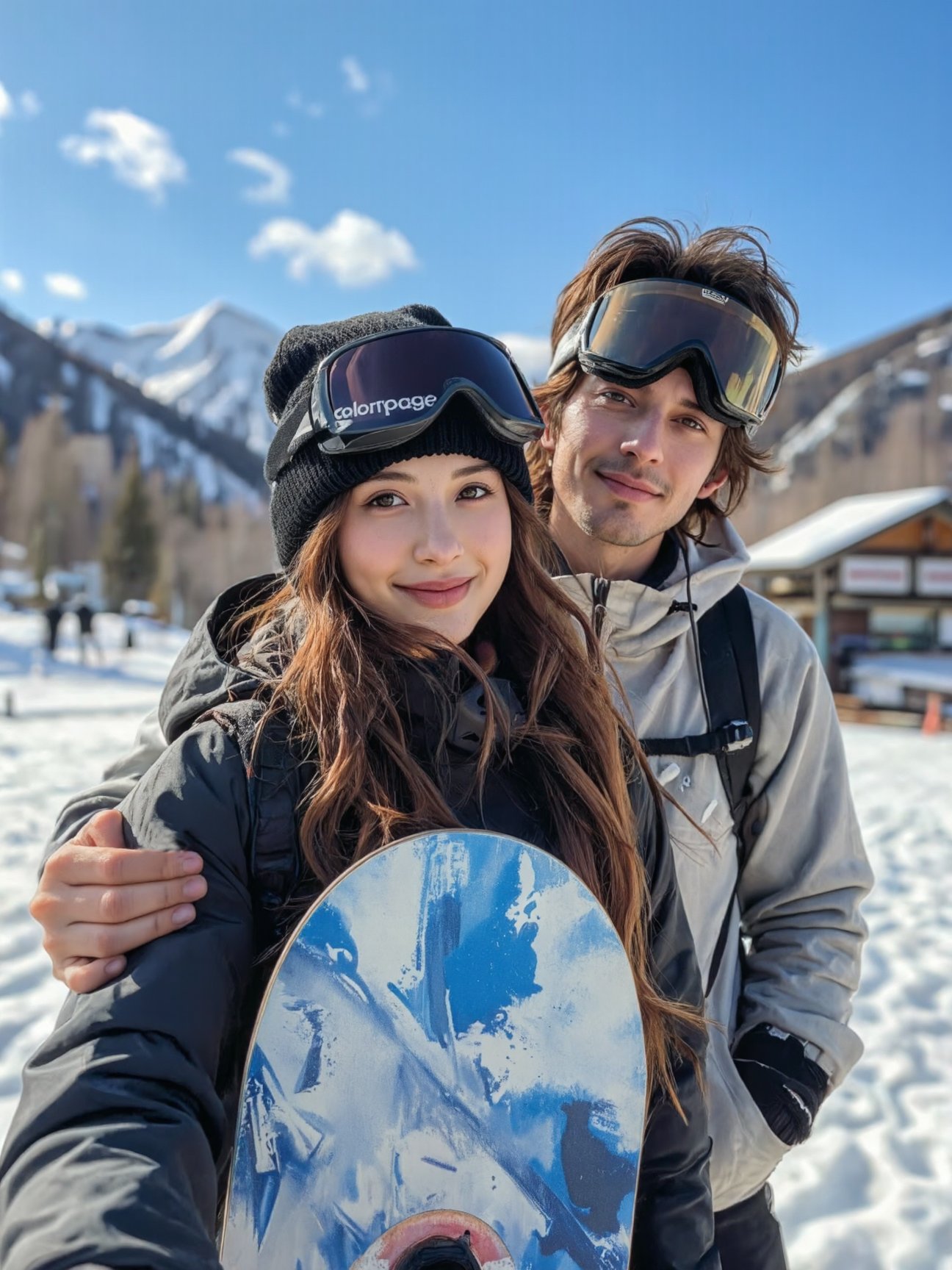 Happy young couple taking selfie with snowboards in winter mountain landscape, wearing ski goggles and winter sports gear