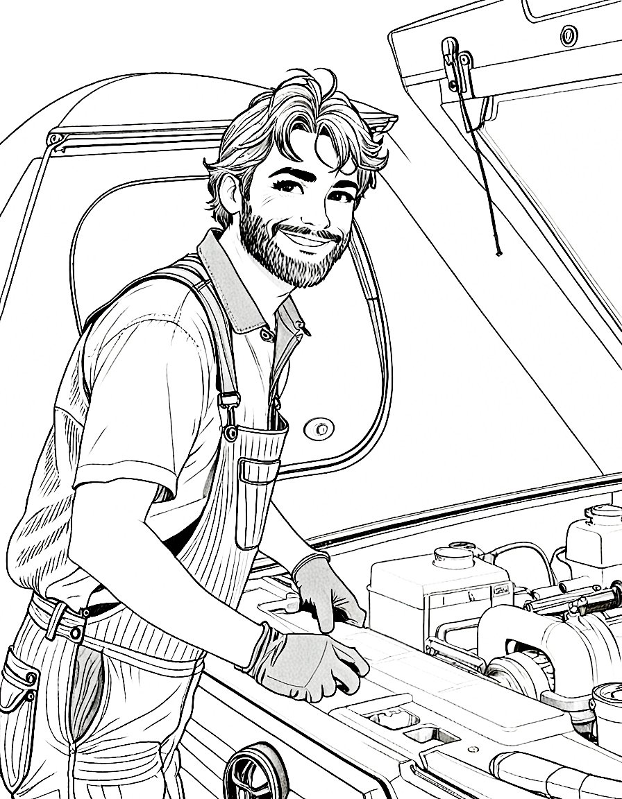 Detailed coloring page of bearded man working on vehicle engine, DIY auto repair illustration for adults