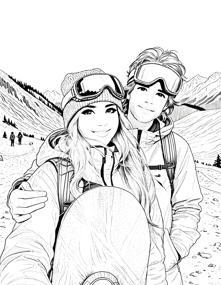 Coloring page of smiling couple with snowboards taking selfie against mountain backdrop, detailed winter sports illustration for adults