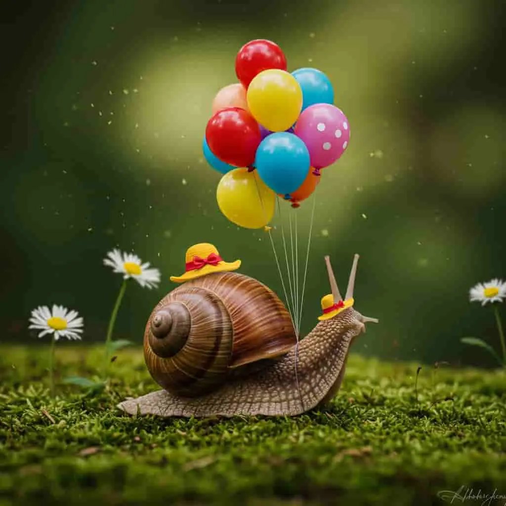 Snail with hat holding colorful balloons