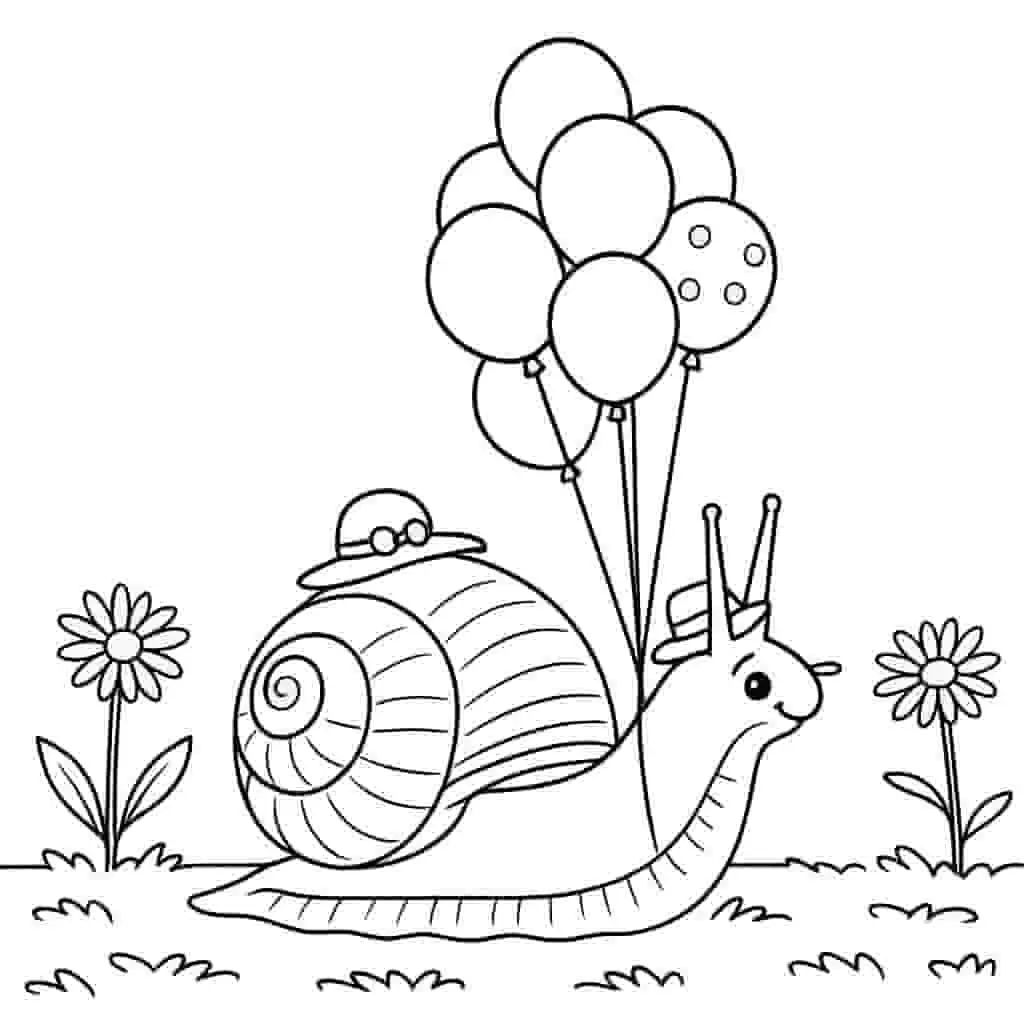 Snail carrying balloons coloring page line art