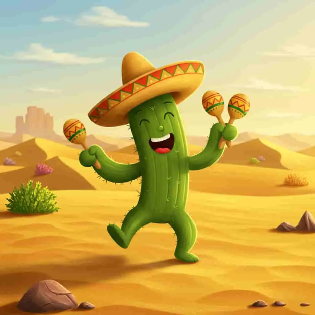 Cheerful cactus with maracas in desert