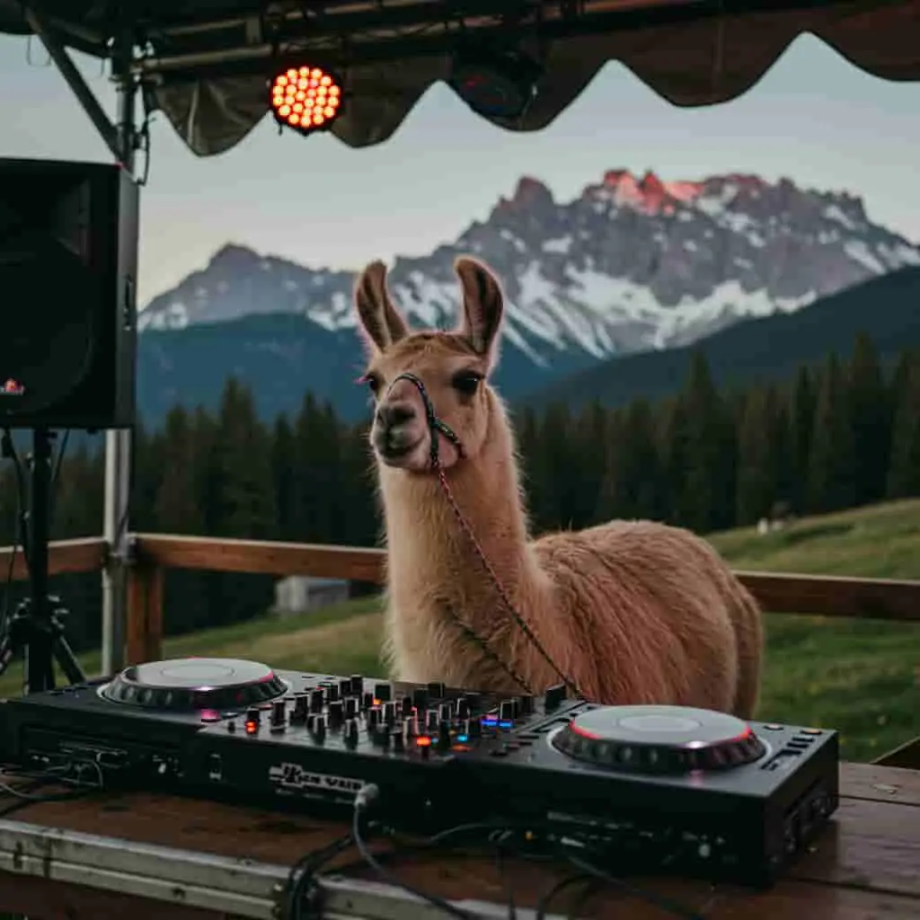 Llama DJ with turntables at mountain party