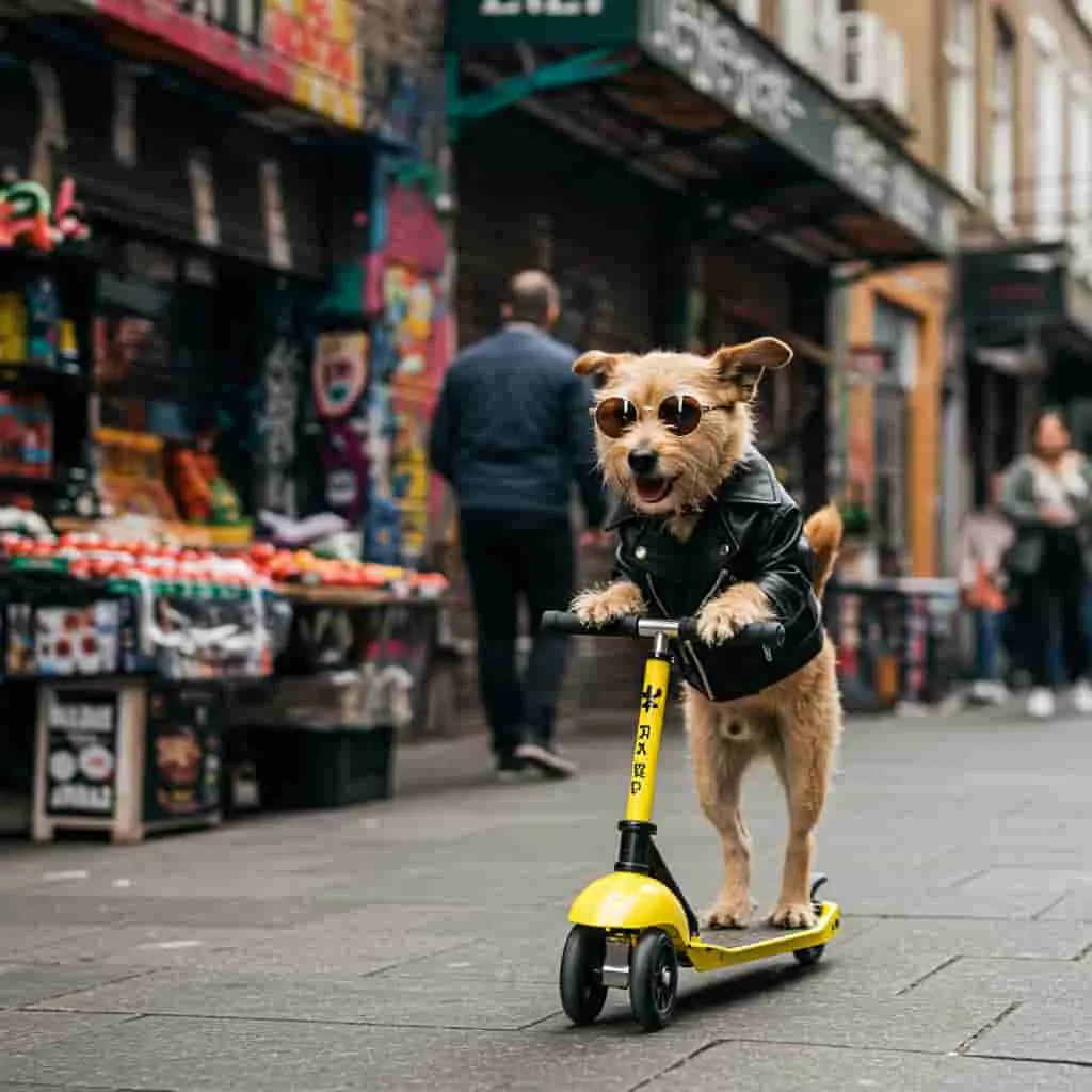 Dog riding scooter on city street
