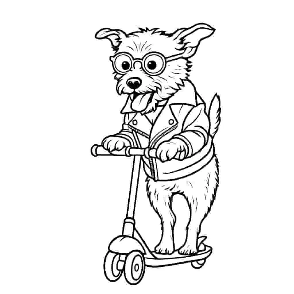 Dog riding scooter coloring page line art