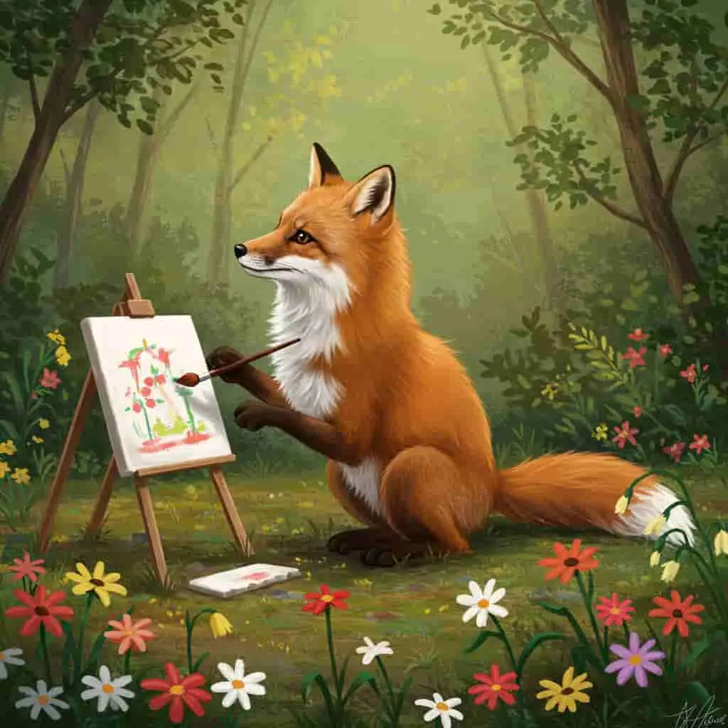 Fox painting flowers in forest