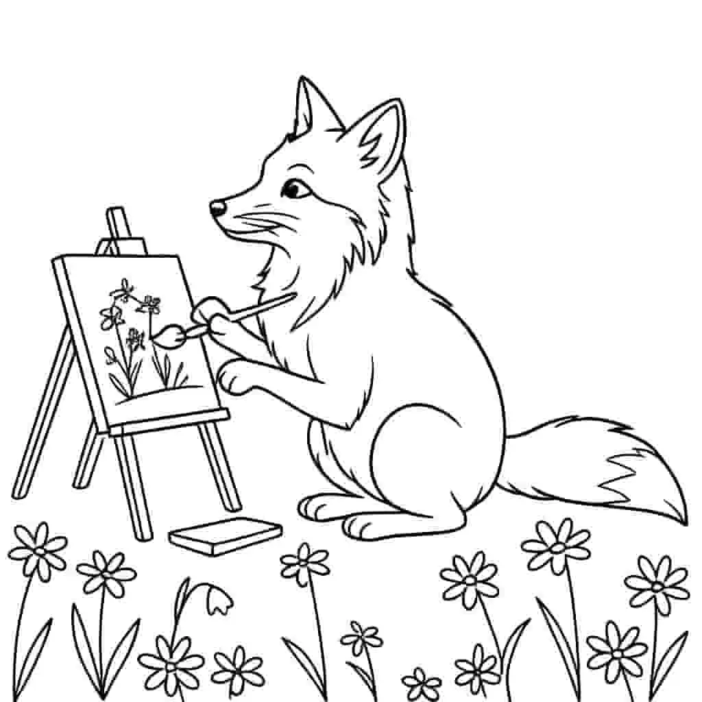 Fox painting flowers coloring page line art
