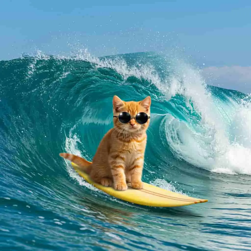 Kitten in sunglasses surfing on ocean waves