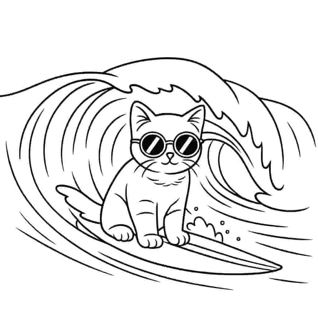 Surfing kitten wearing sunglasses coloring page line art