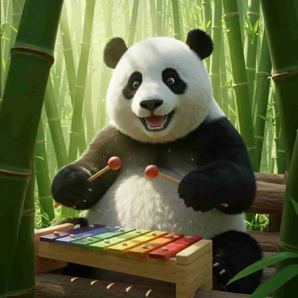 A joyful panda playing xylophone in bamboo forest