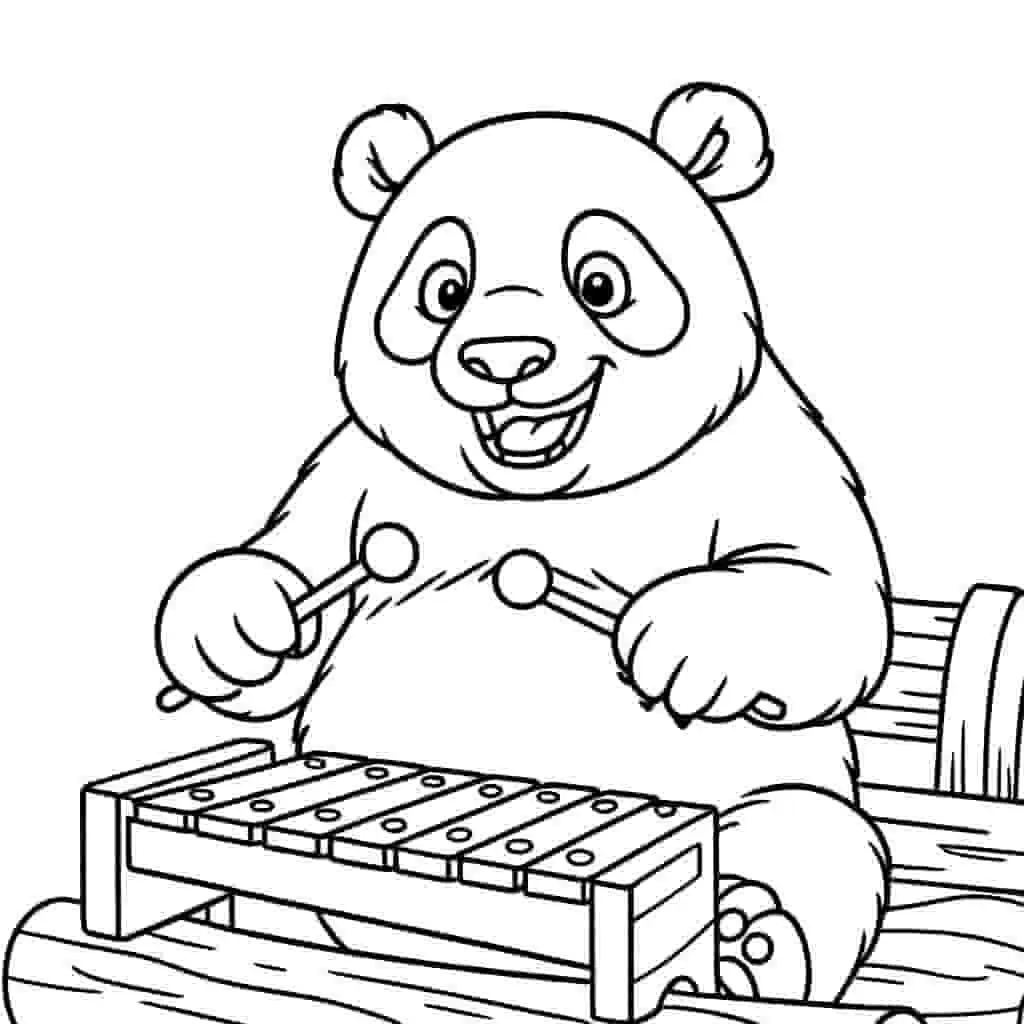 A panda playing xylophone in bamboo forest coloring page line art