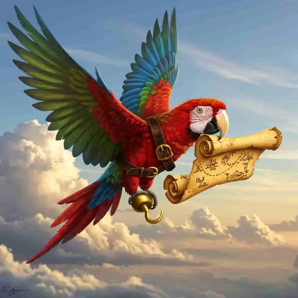 Parrot pirate flying with treasure map