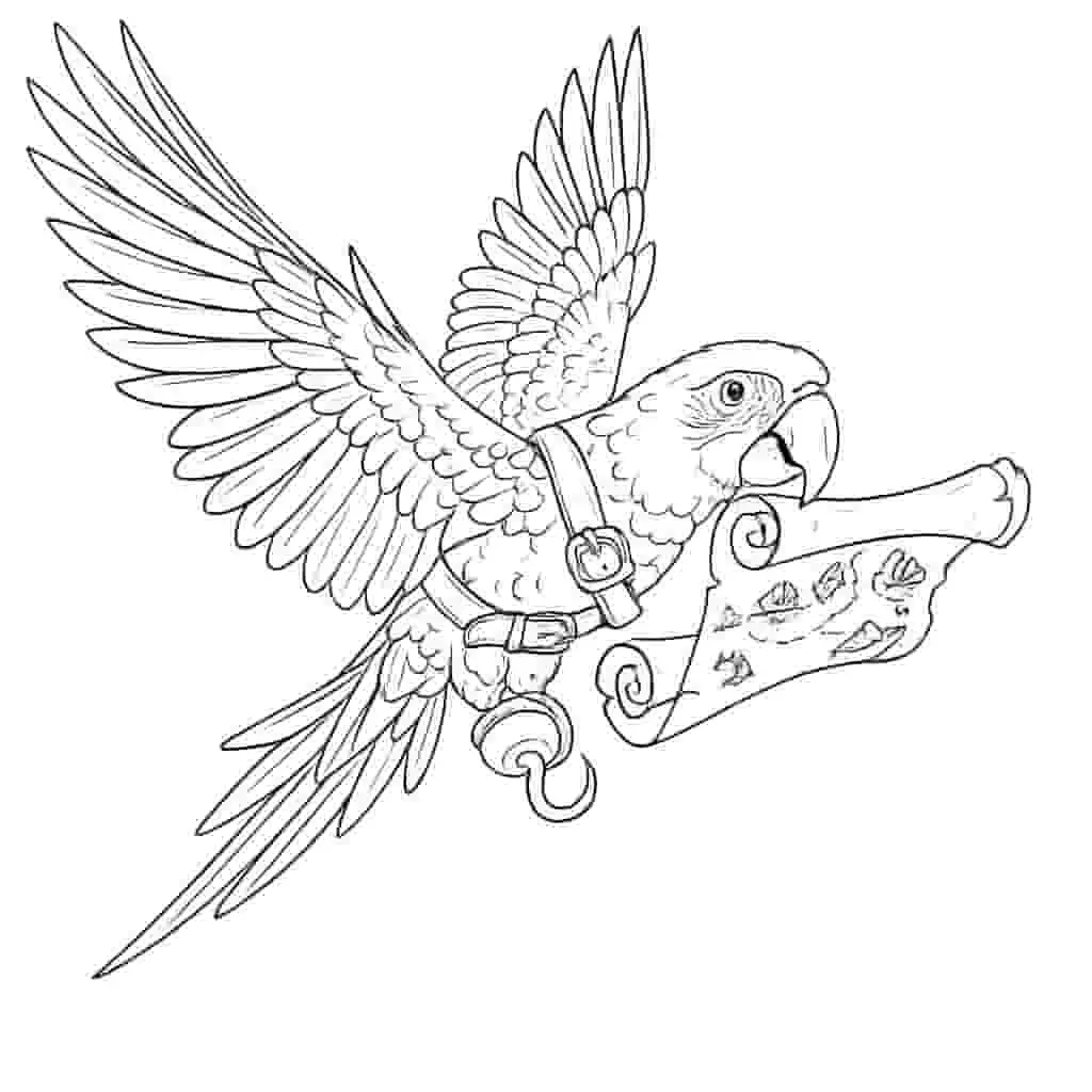 Parrot pirate with map coloring page line art