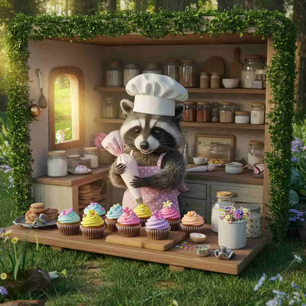Raccoon baking cupcakes in forest kitchen