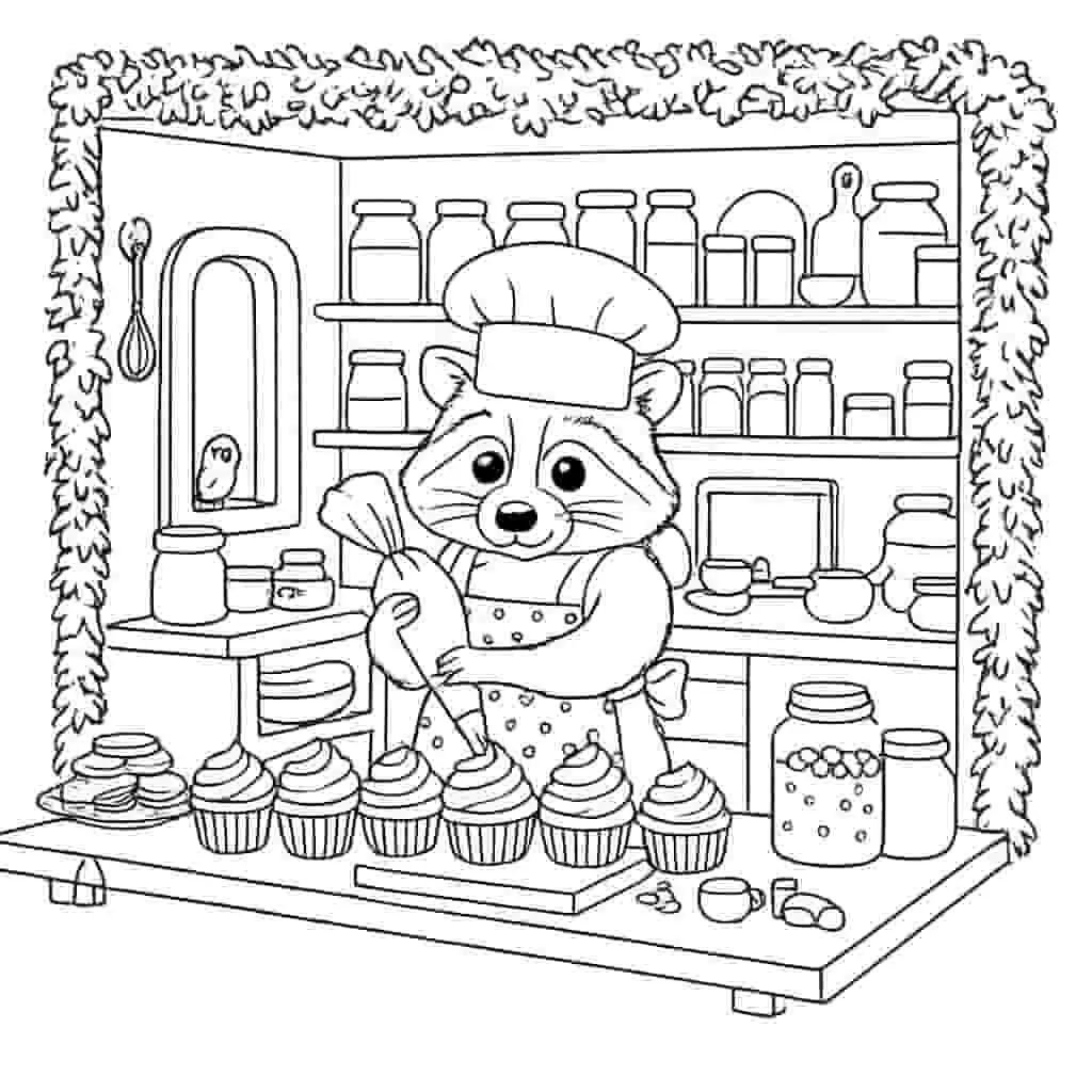 Raccoon baking cupcakes coloring page line art