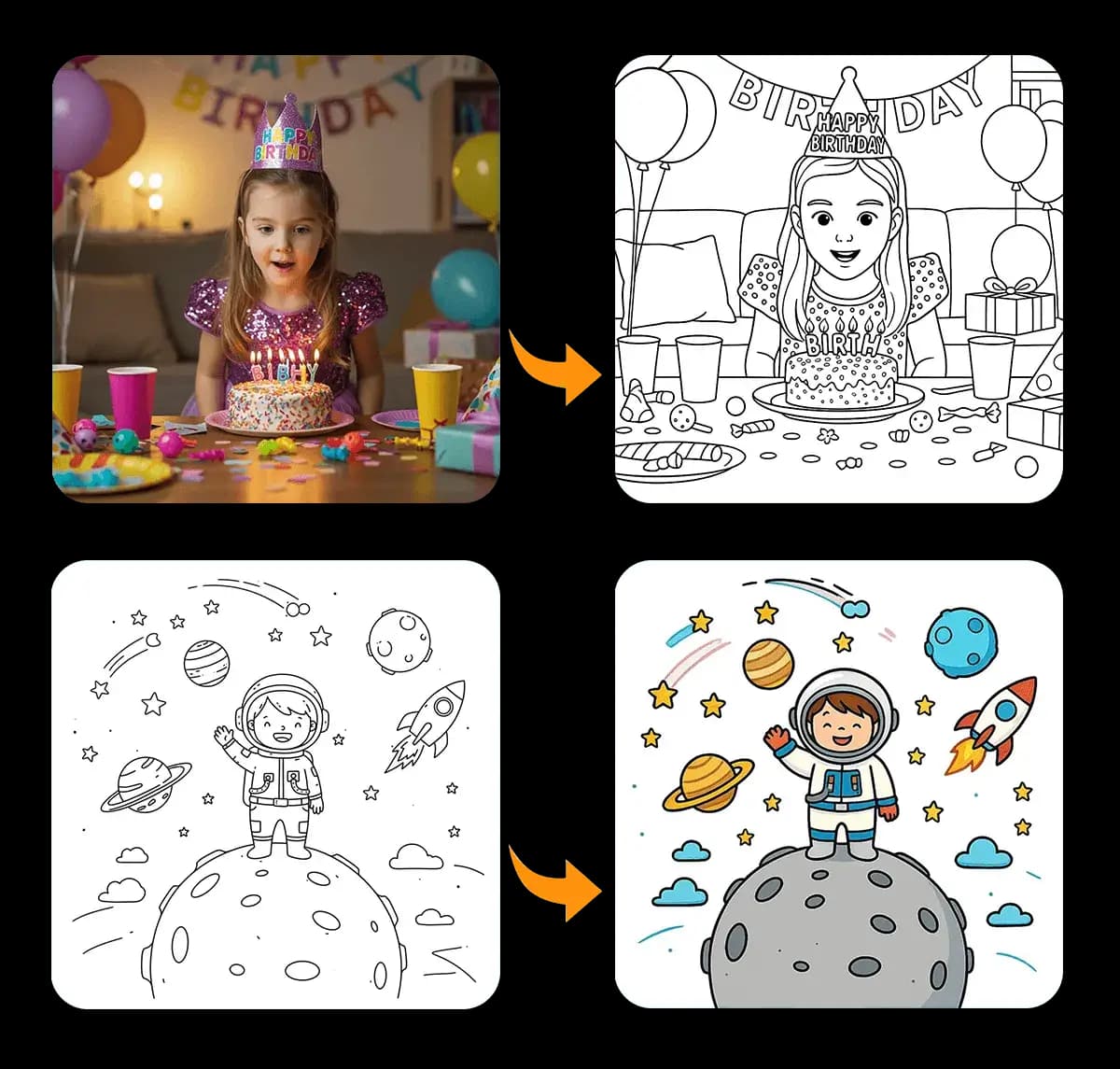 AI Coloring Page Generator examples: a girl's photo becomes a coloring page, and an astronaut line art is colored by the AI Art Colorizer.
