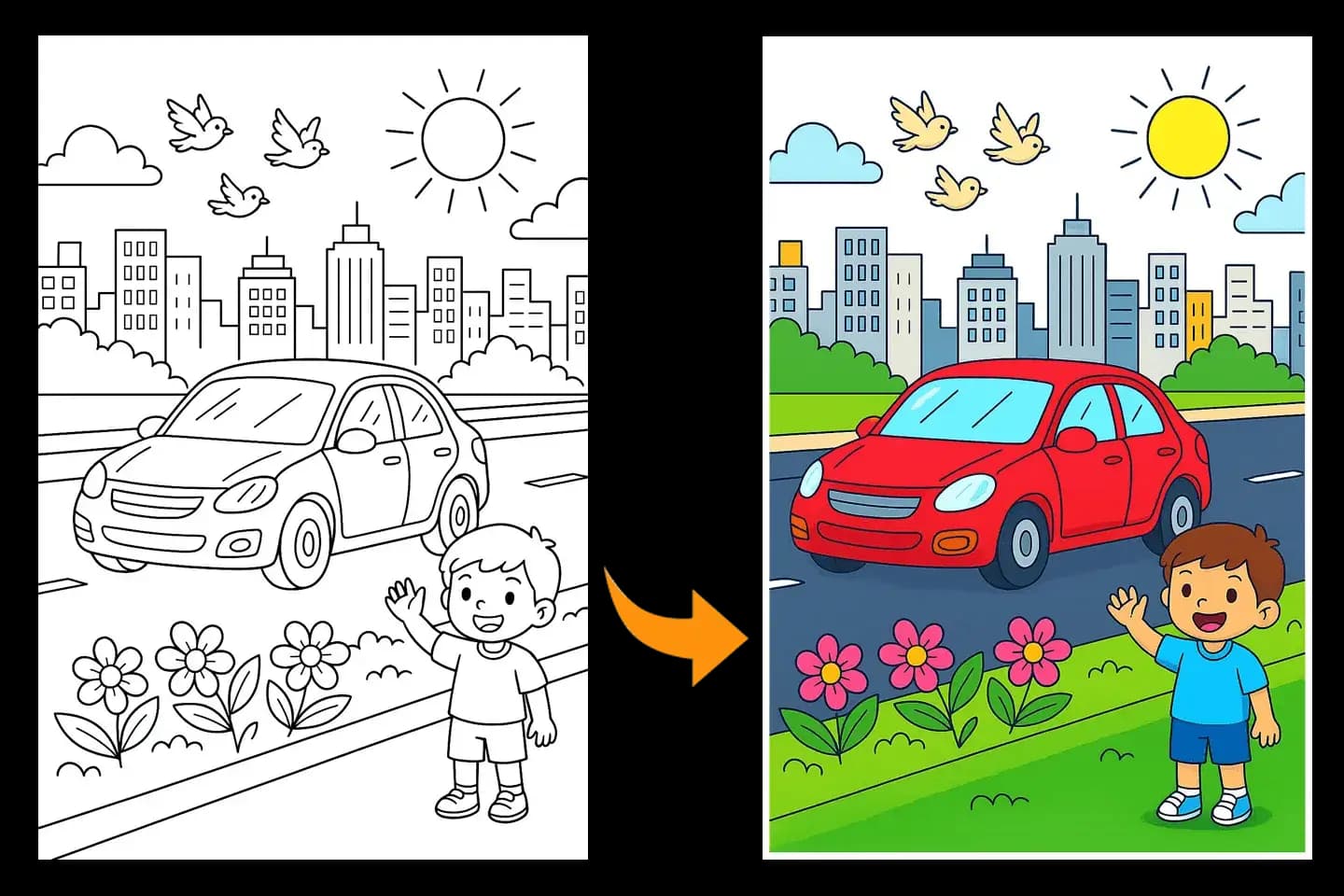 Before and after view of a coloring page of a boy and a car, colored instantly by the AI Art Colorizer tool.