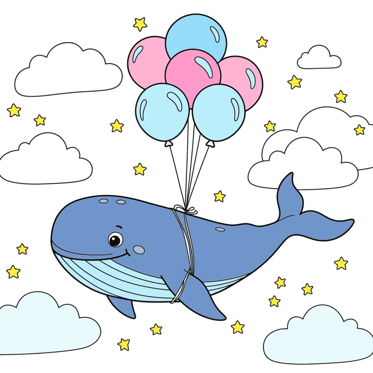 Line drawing of a flying whale with balloons in a fantasy sky, perfect for kids' coloring