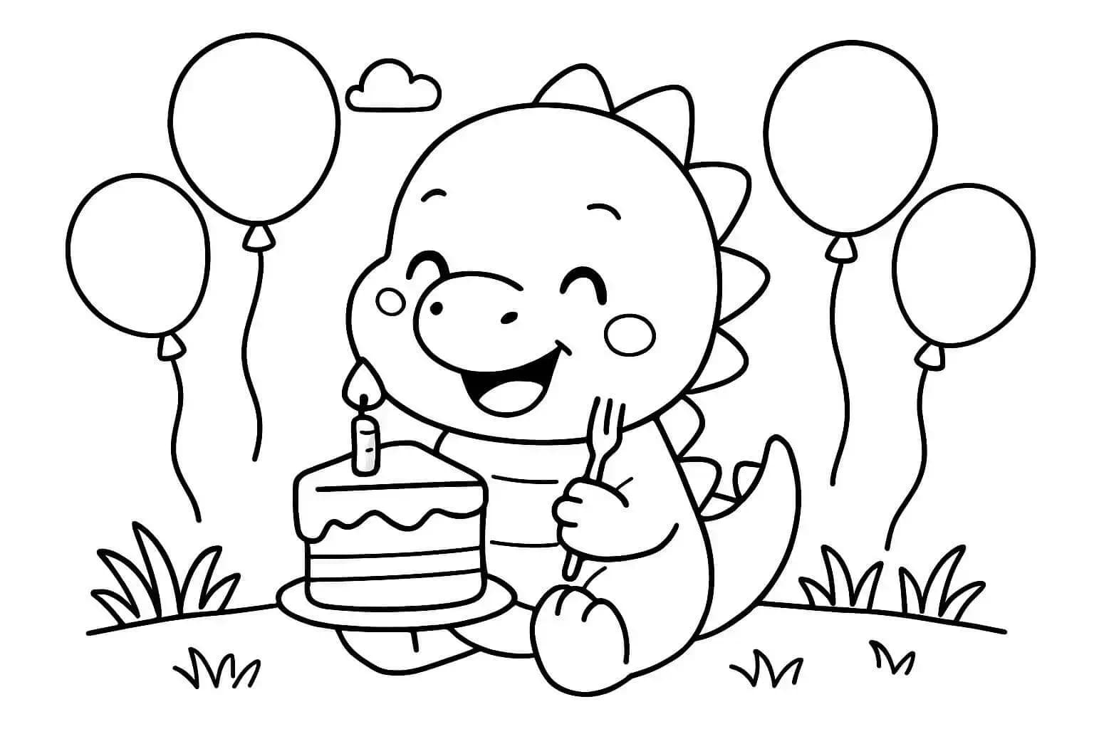 Example of turning the text prompt 'a cute dinosaur eating birthday cake' into a printable coloring page.